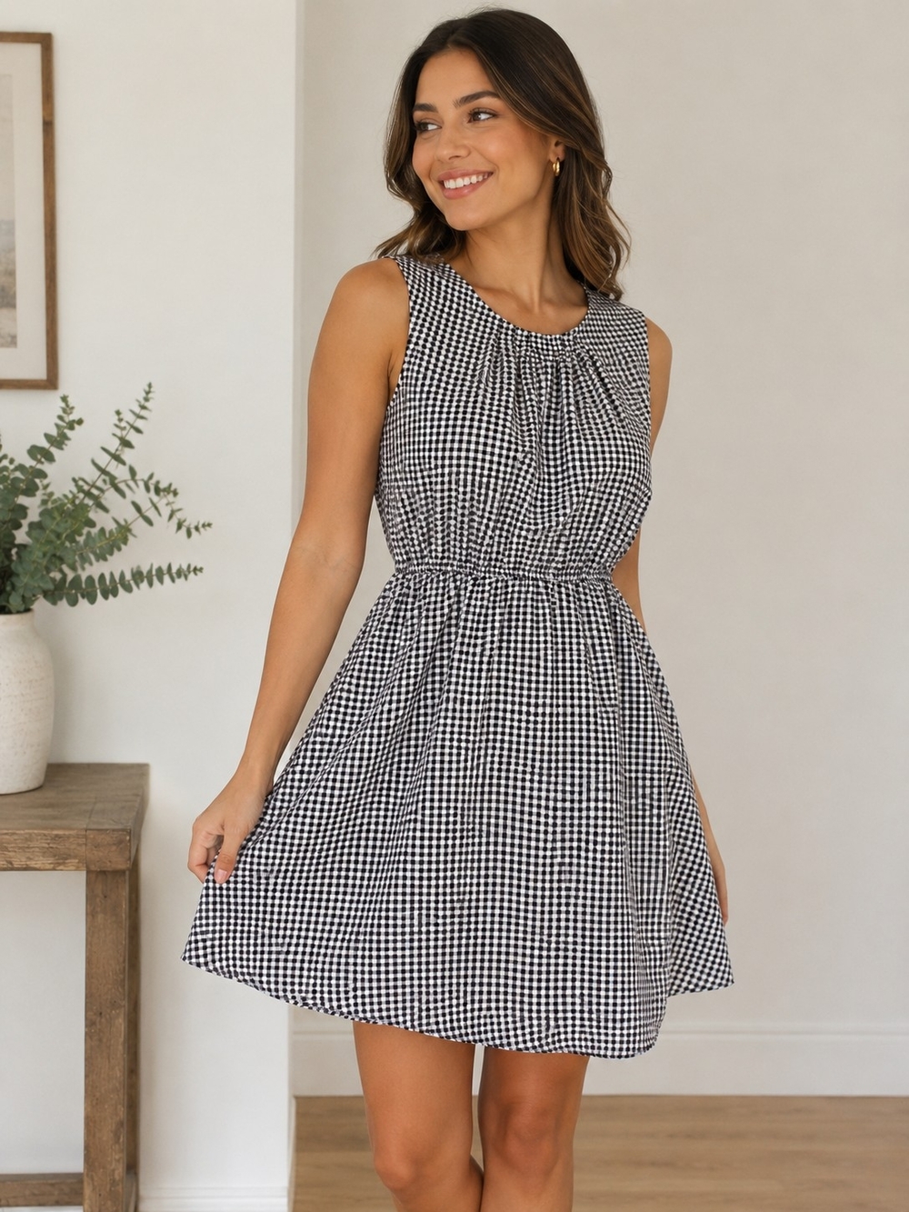 Elle Black and White Gingham Sleeveless Mini Dress